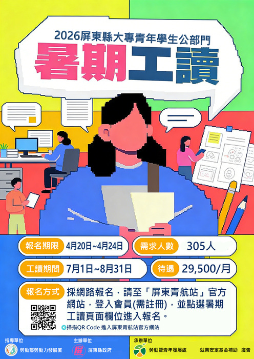 轉知-屏東縣政府「115年度大專青年學生公部門暑期工讀計畫」圖片