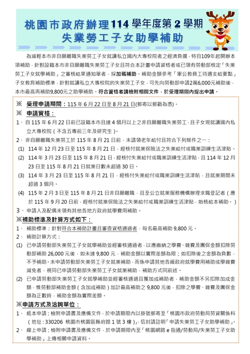 轉知-桃園市政府「114學年度第2學期失業勞工子女助學補助」一案，受理申請期間自115年6月22日起至8月21日止圖片